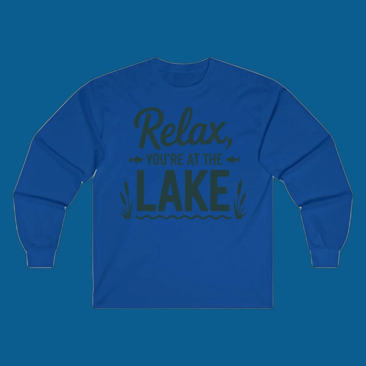 Relax you're at the lake typographic design with fish and cattails.