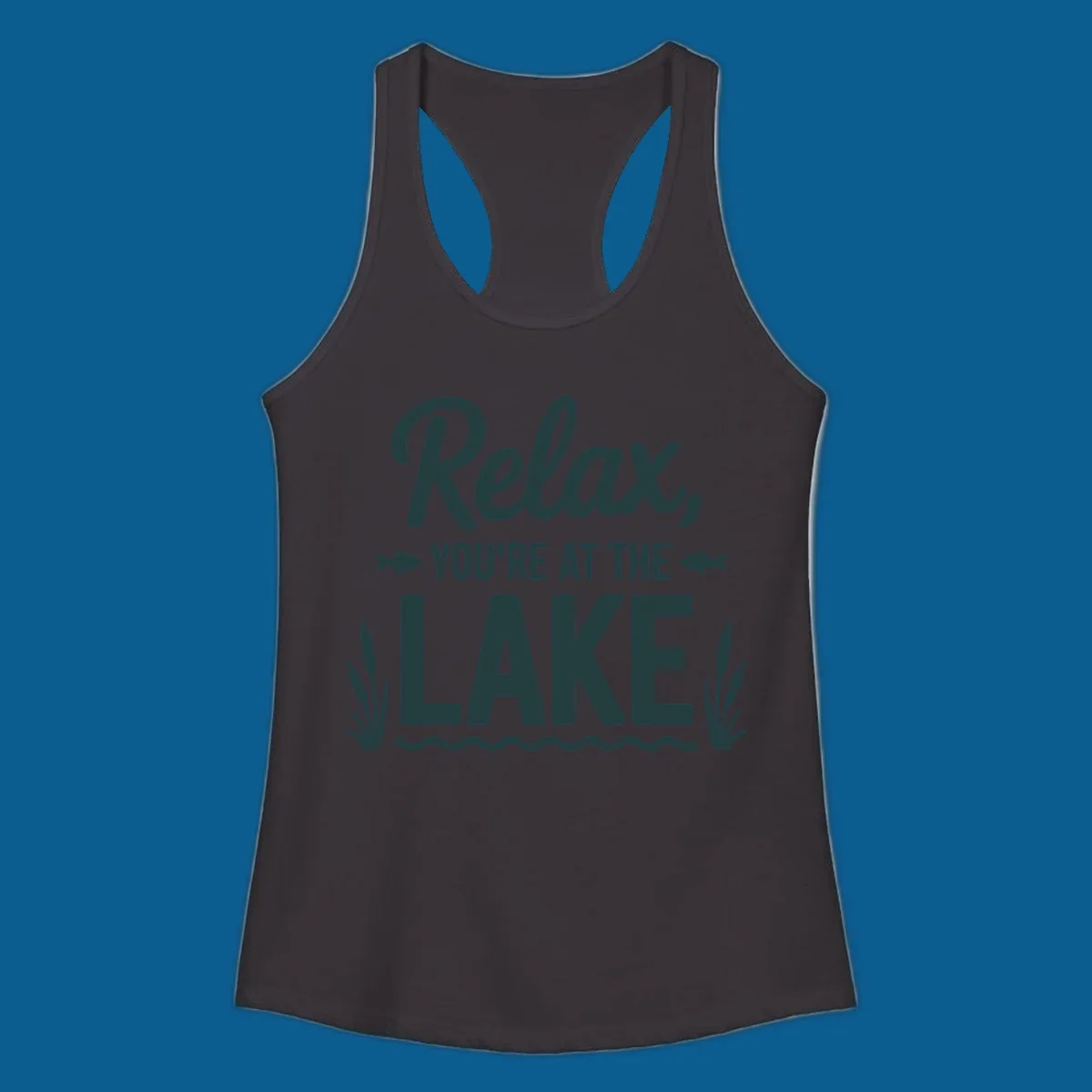 Relax you're at the lake typographic design with fish and cattails.