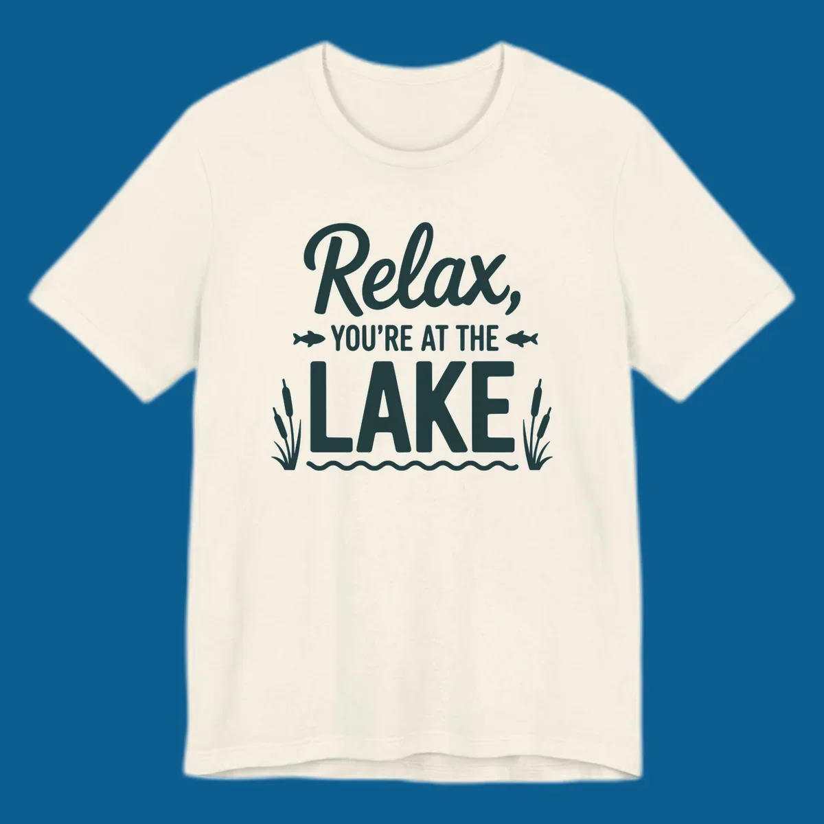 Relax you're at the lake typographic design with fish and cattails.