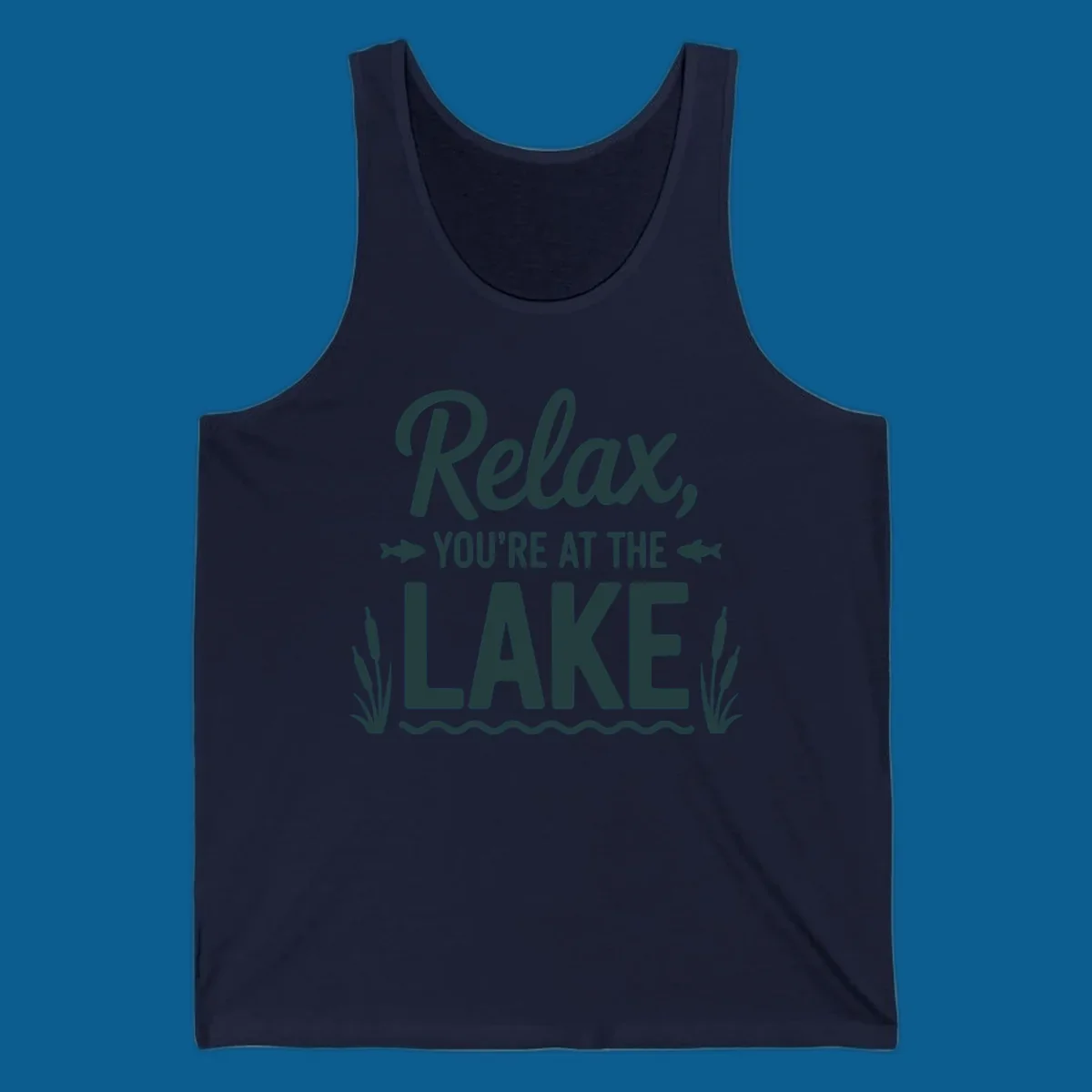 Relax you're at the lake typographic design with fish and cattails.