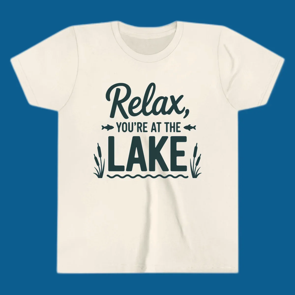 Relax you're at the lake typographic design with fish and cattails.