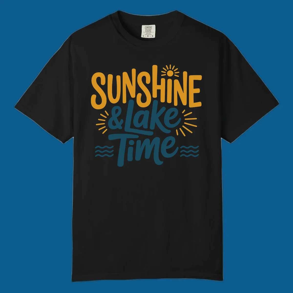 Sunshine and lake time text with sun and water graphics.