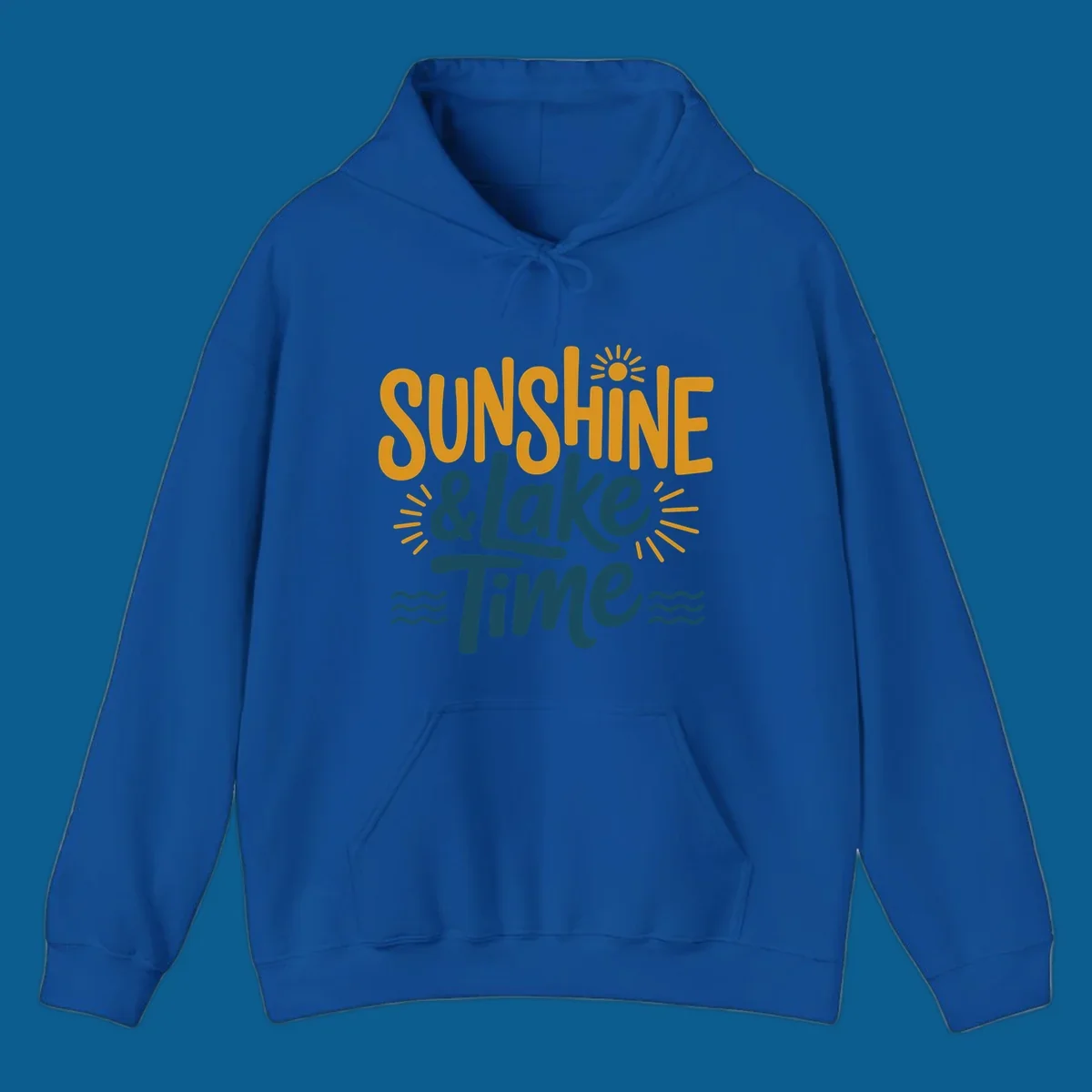 Sunshine and lake time text with sun and water graphics.