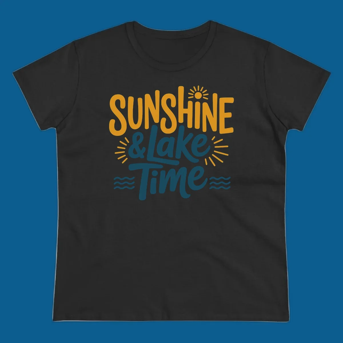 Sunshine and lake time text with sun and water graphics.