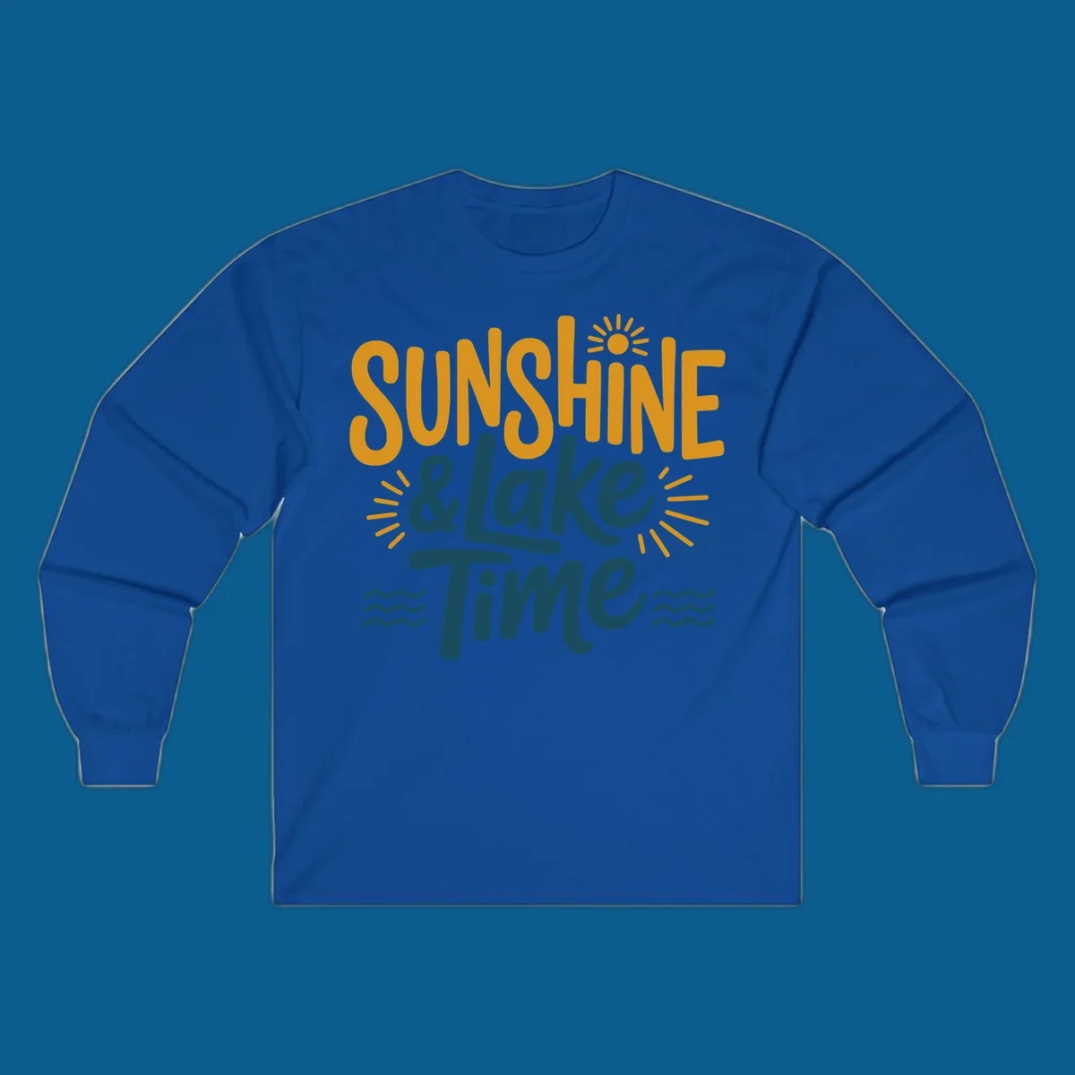 Sunshine and lake time text with sun and water graphics.