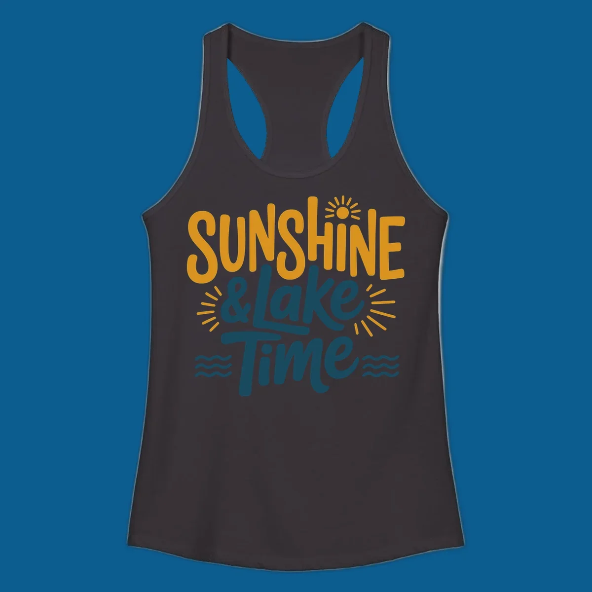 Sunshine and lake time text with sun and water graphics.