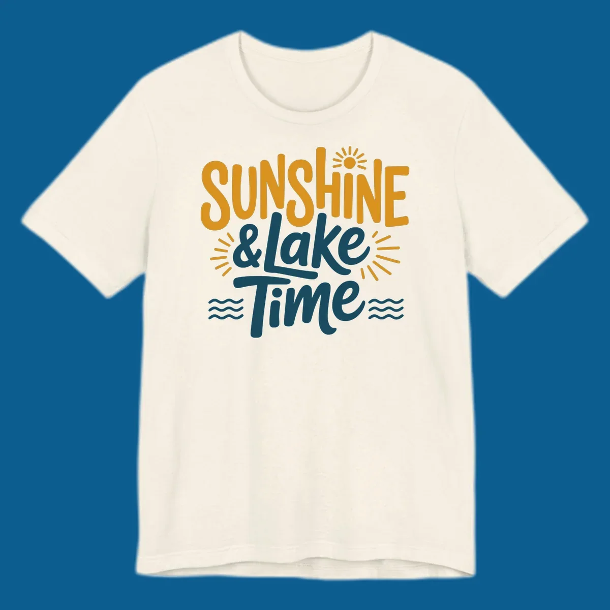 Sunshine and lake time text with sun and water graphics.