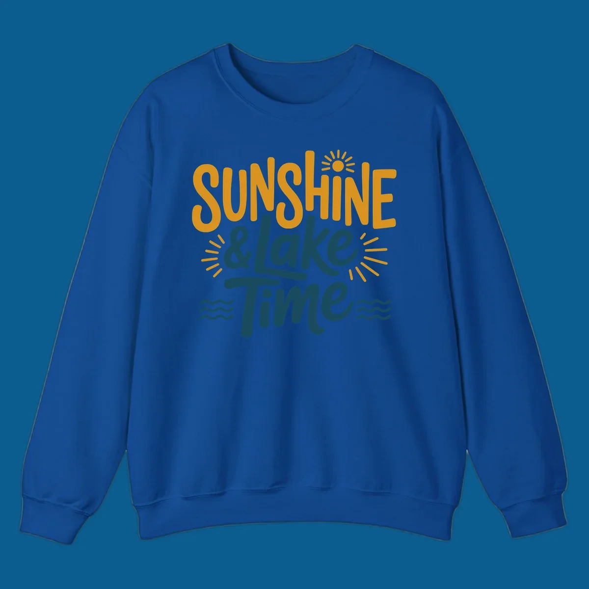 Sunshine and lake time text with sun and water graphics.