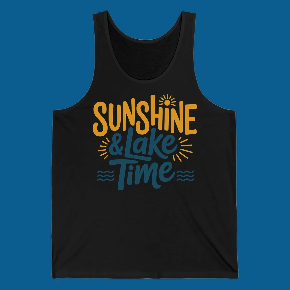 Sunshine and lake time text with sun and water graphics.