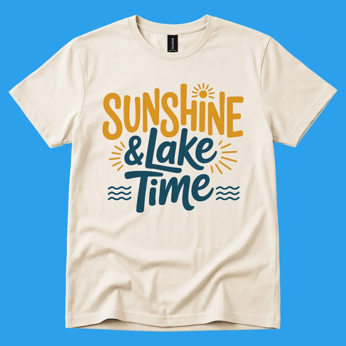 Sunshine and lake time text with sun and water graphics.