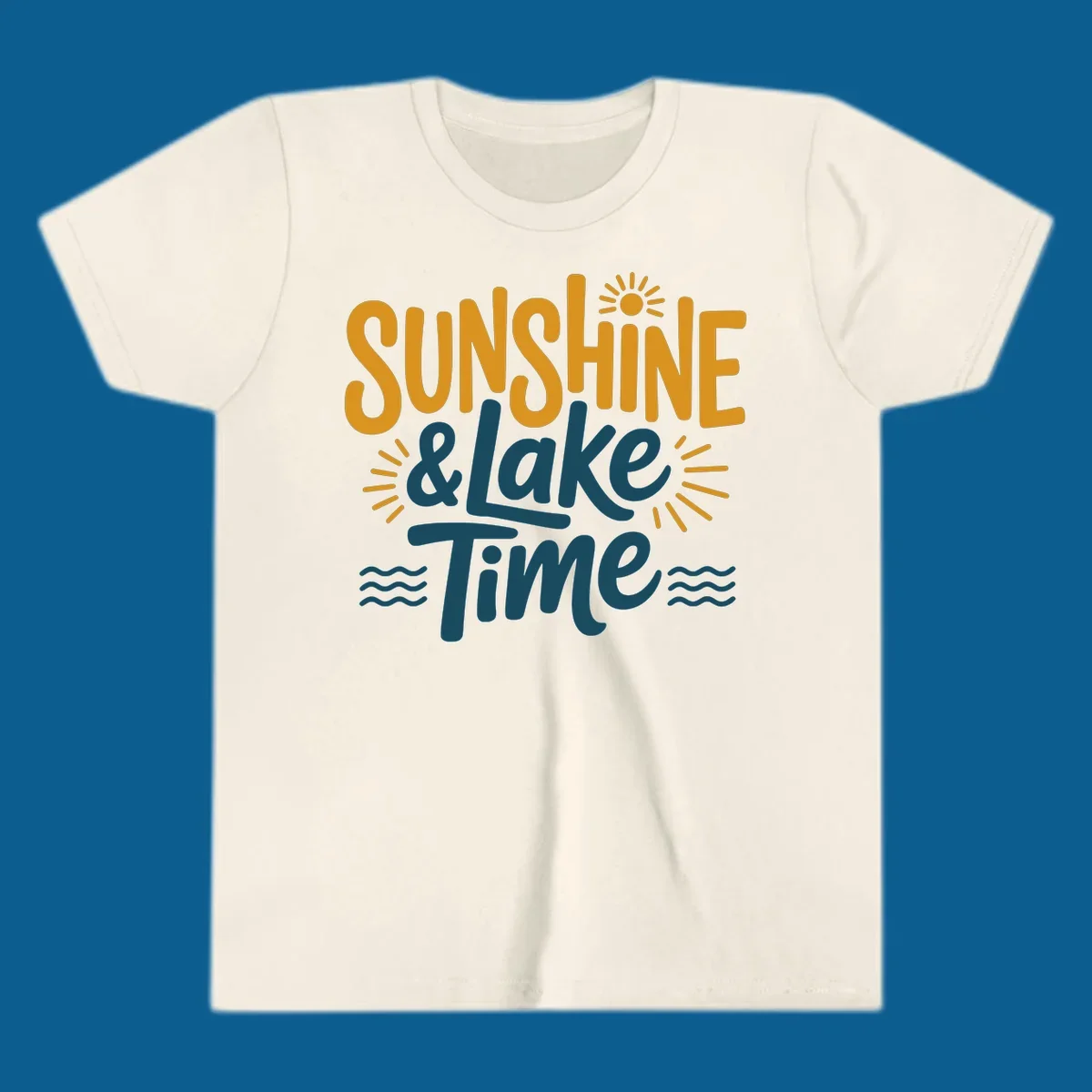 Sunshine and lake time text with sun and water graphics.