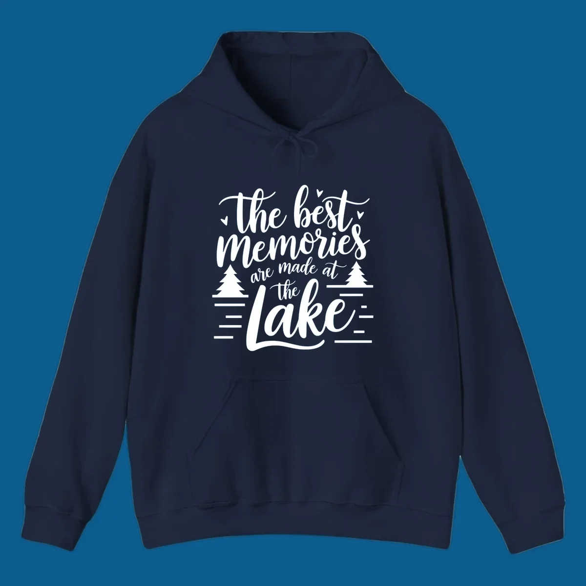 The best memories are made at the lake text with trees and water lines for lake life memories.