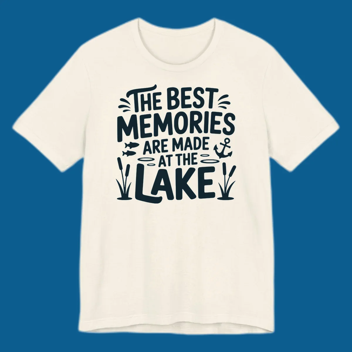 The best lake life memories typography design with fish, anchor, and cattails.