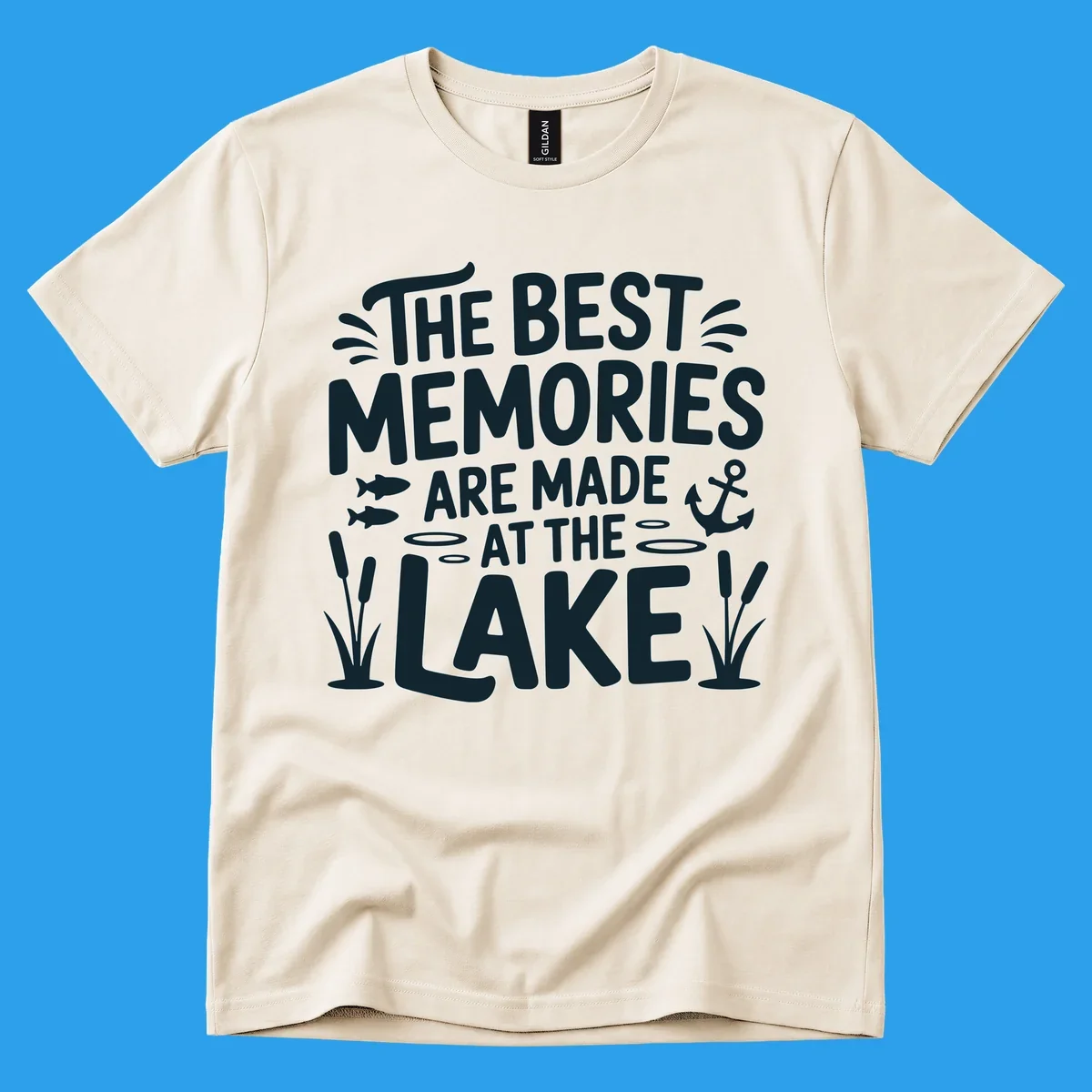 The best lake life memories typography design with fish, anchor, and cattails.