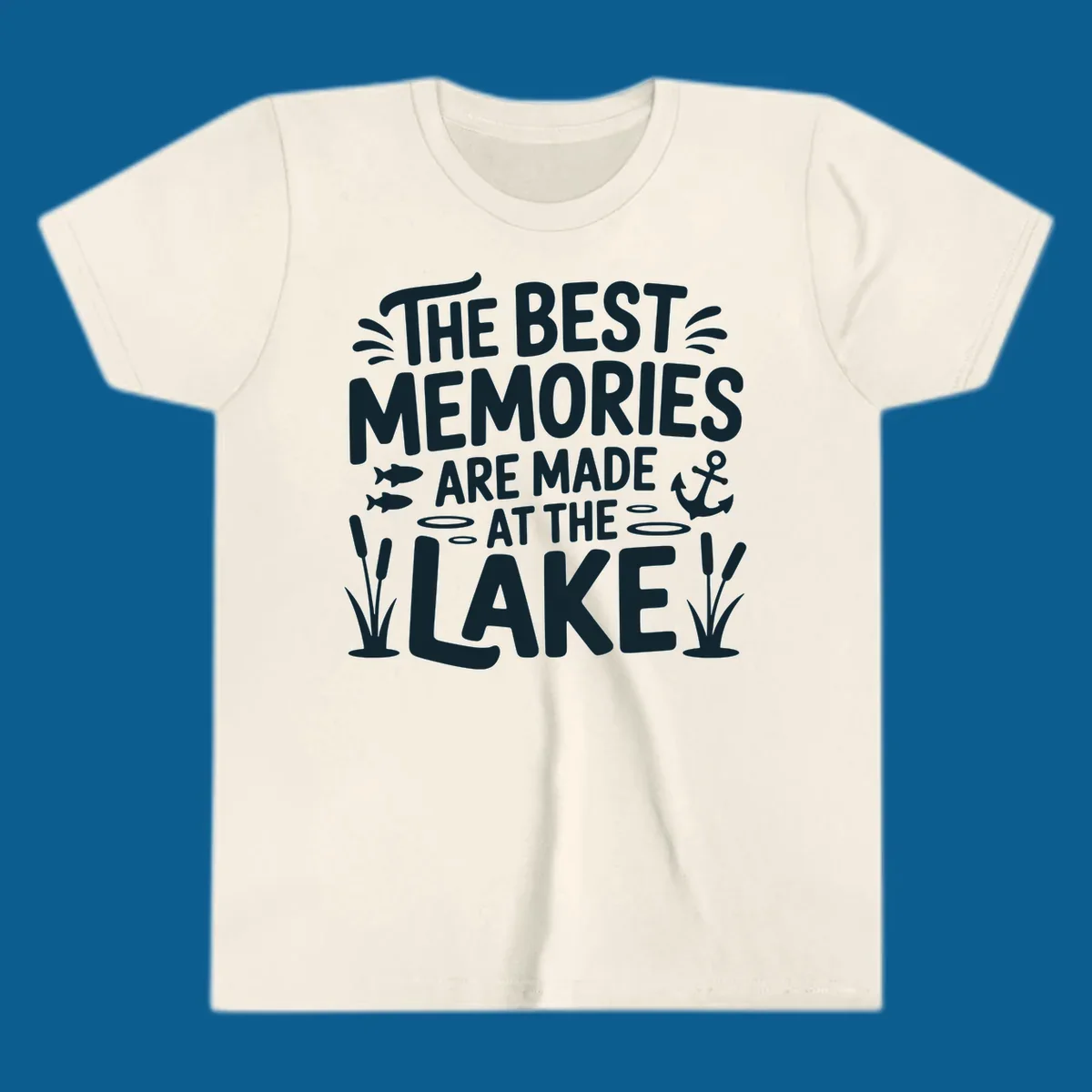 The best lake life memories typography design with fish, anchor, and cattails.