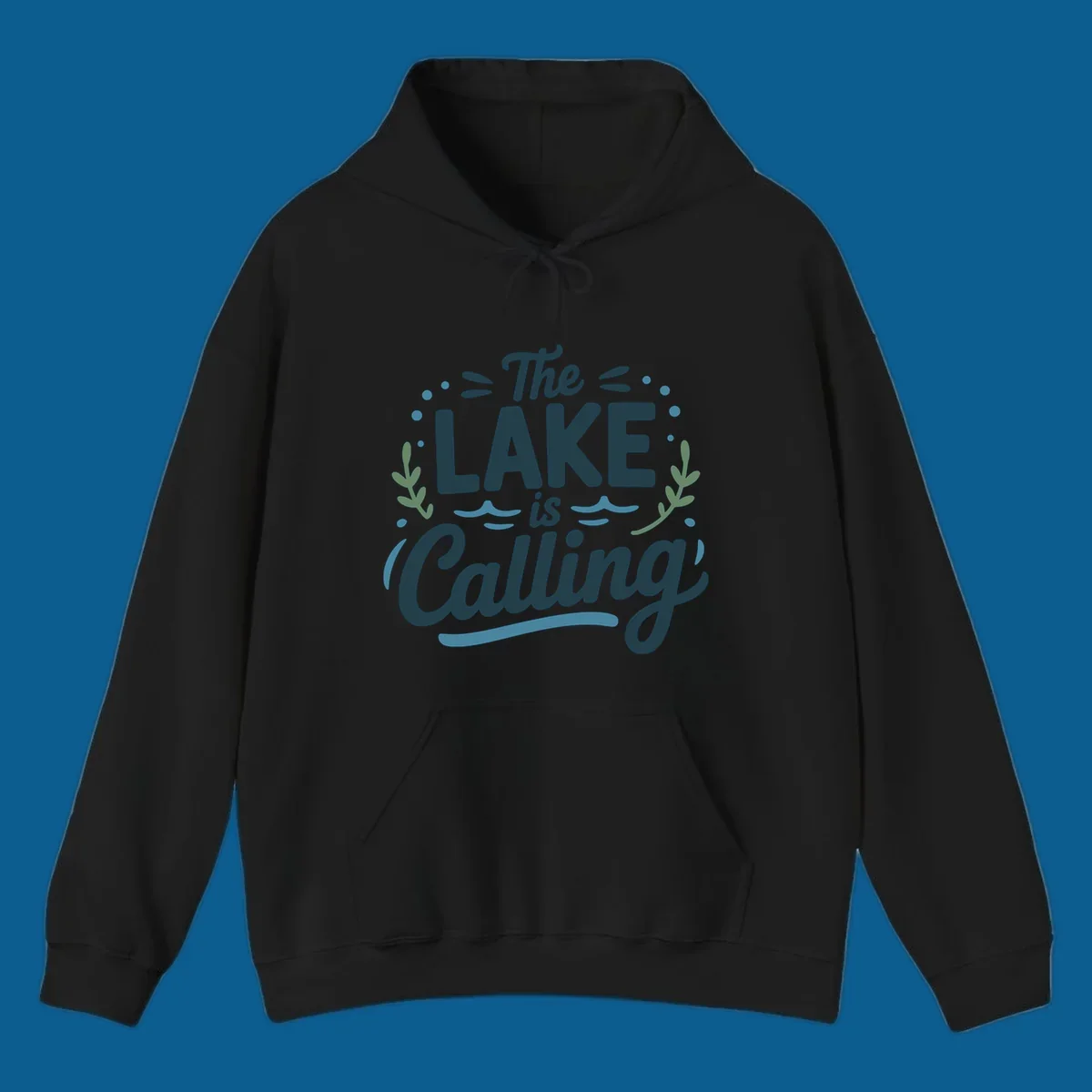 The Lake Is Calling text design with wave and leaf graphics