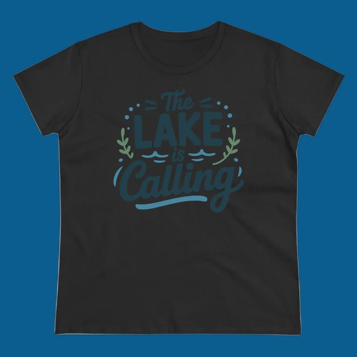 The Lake Is Calling text design with wave and leaf graphics