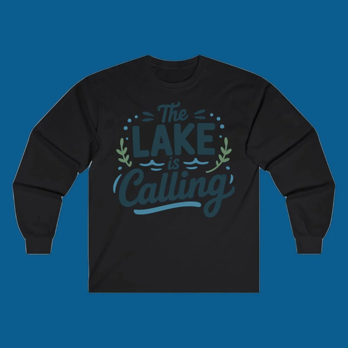 The Lake Is Calling text design with wave and leaf graphics