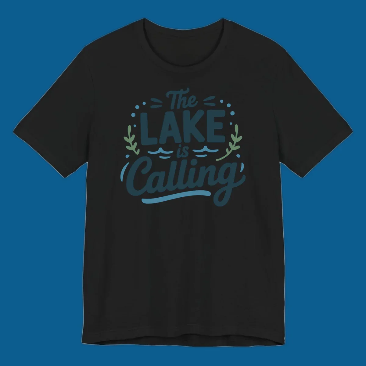 The Lake Is Calling text design with wave and leaf graphics
