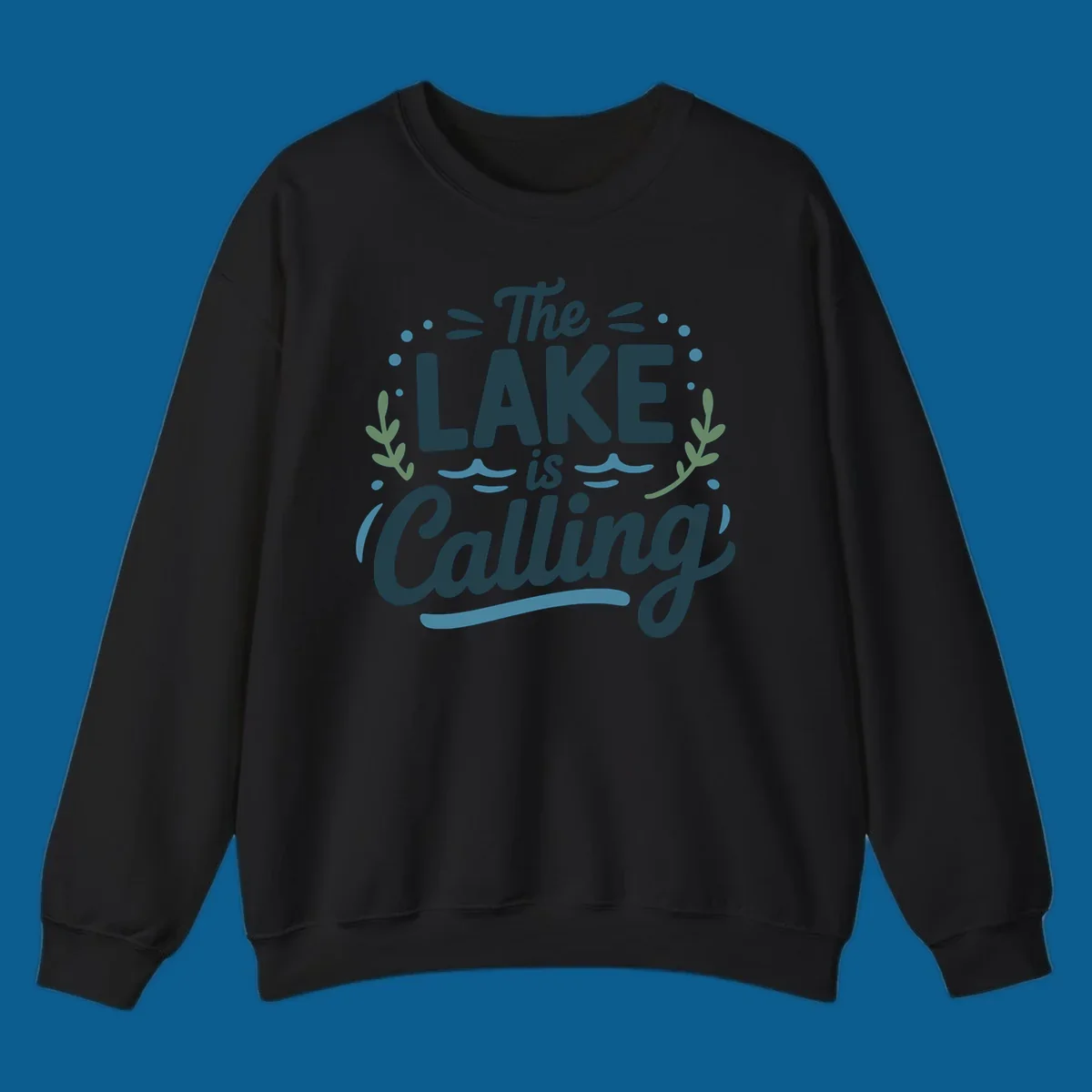 The Lake Is Calling text design with wave and leaf graphics