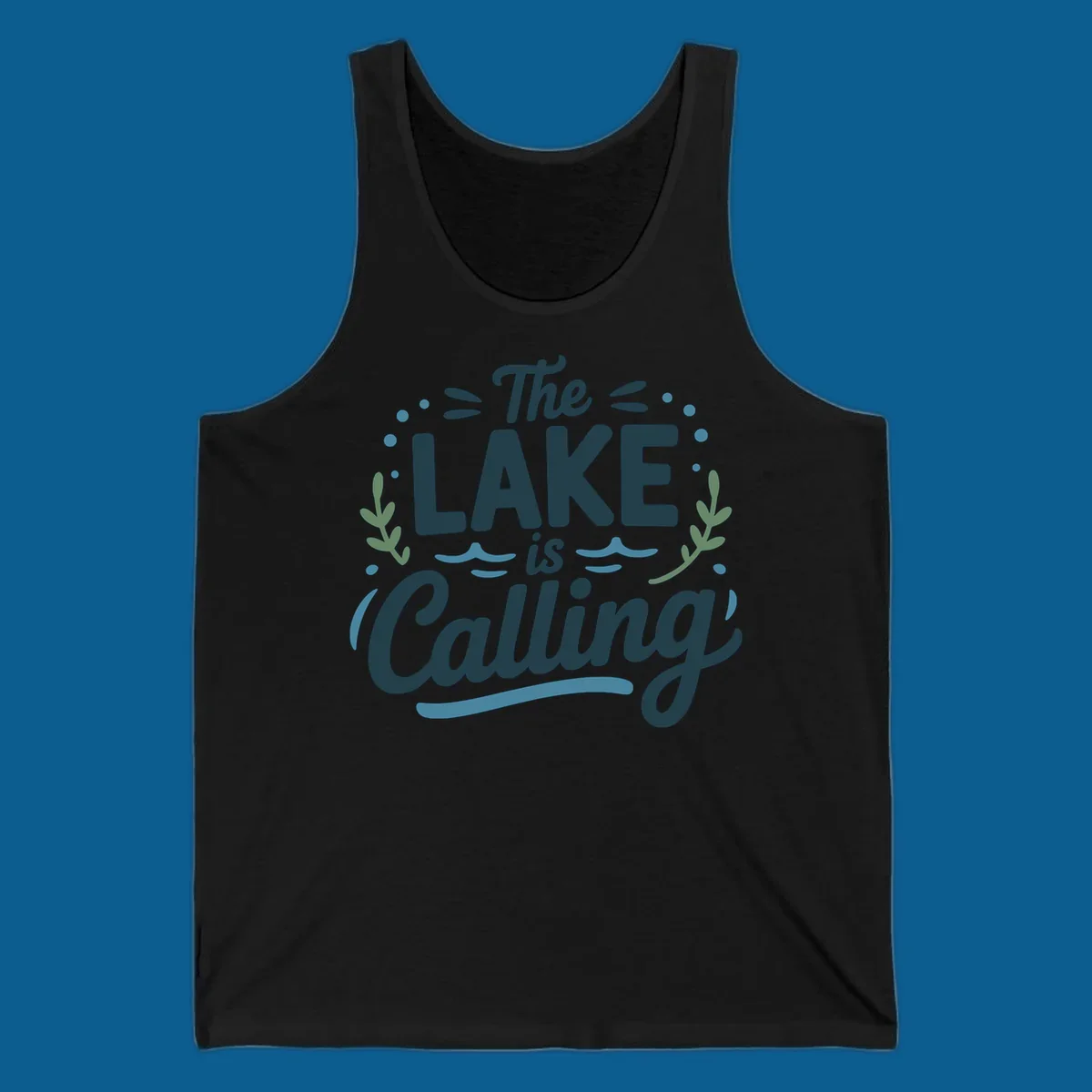 The Lake Is Calling text design with wave and leaf graphics