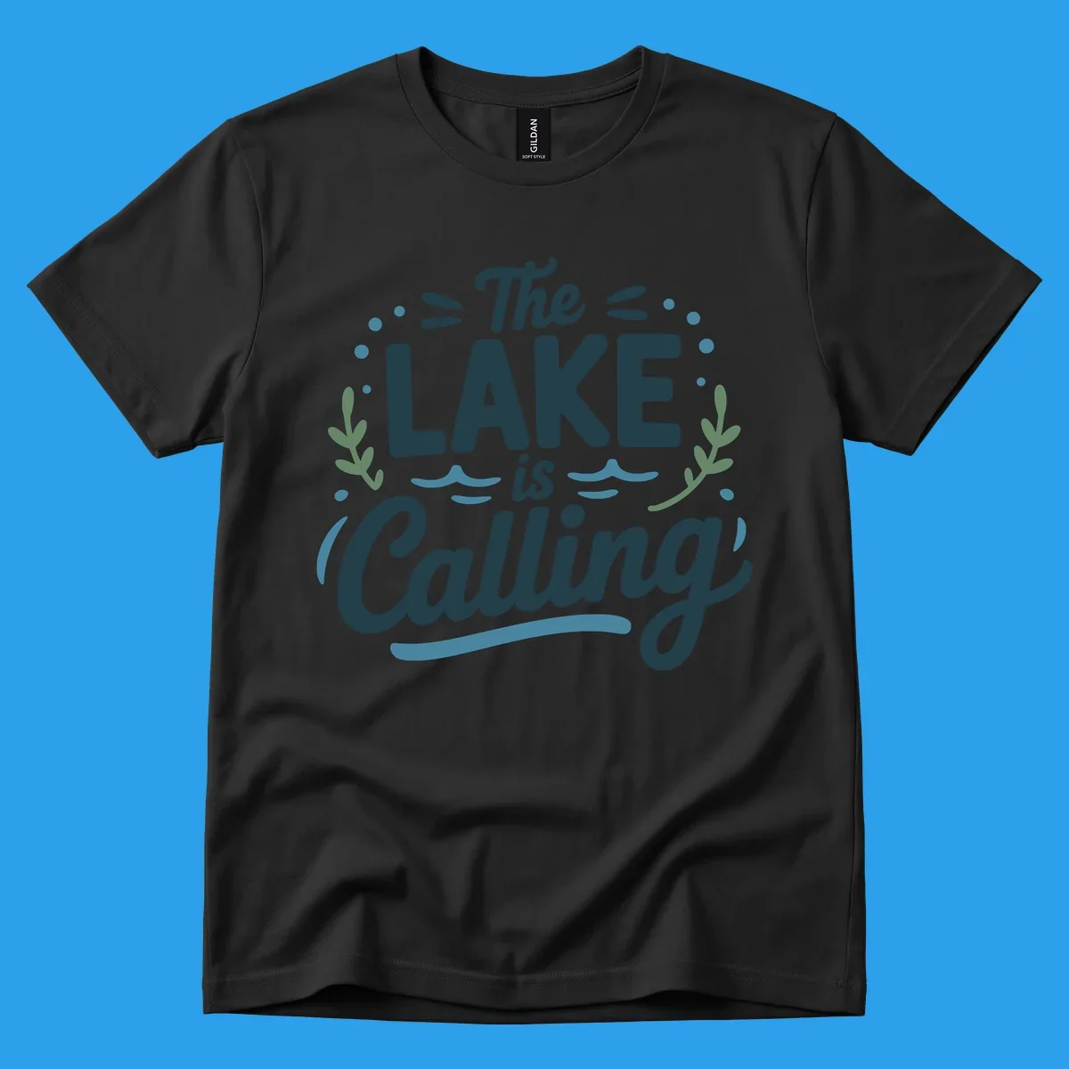 The Lake Is Calling text design with wave and leaf graphics