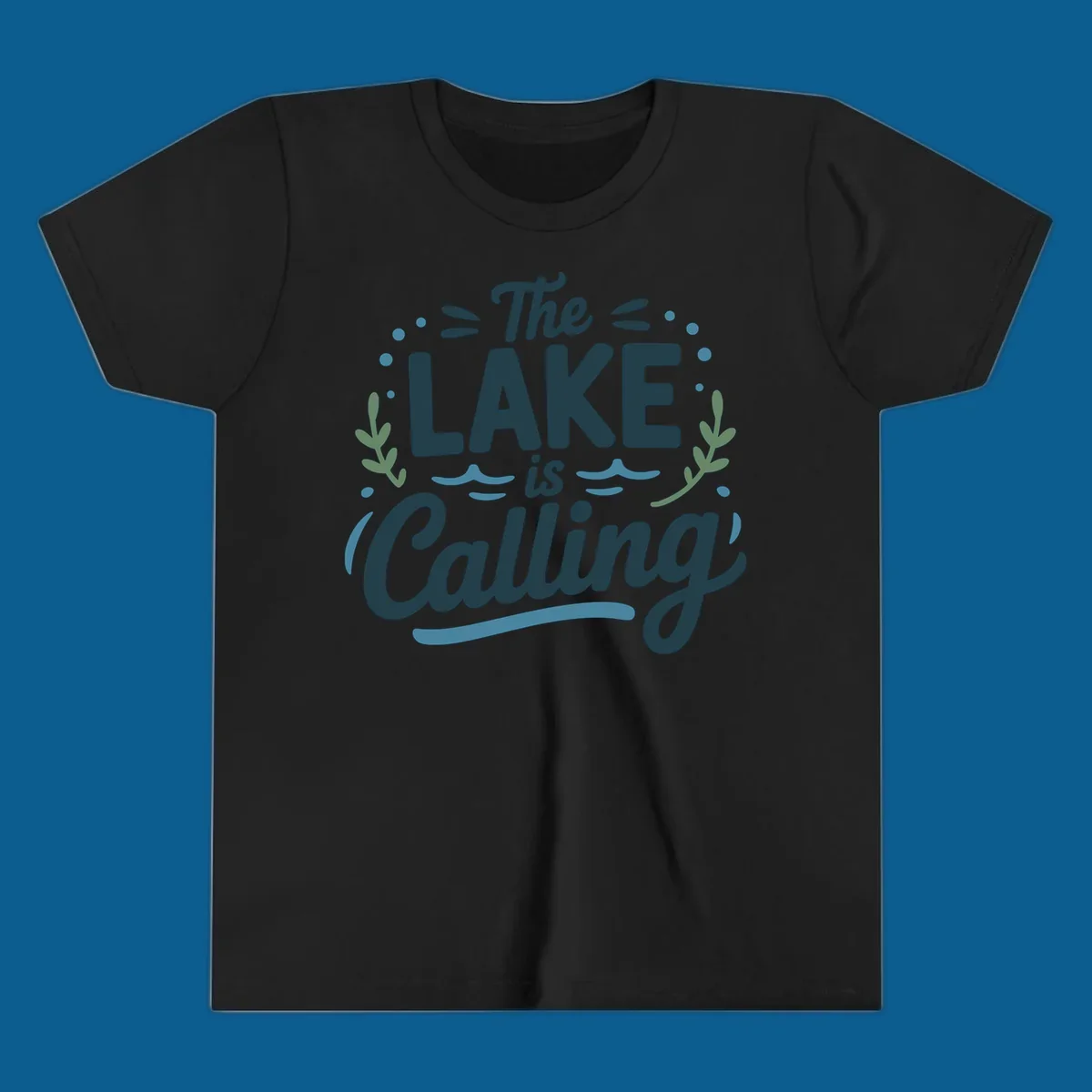 The Lake Is Calling text design with wave and leaf graphics