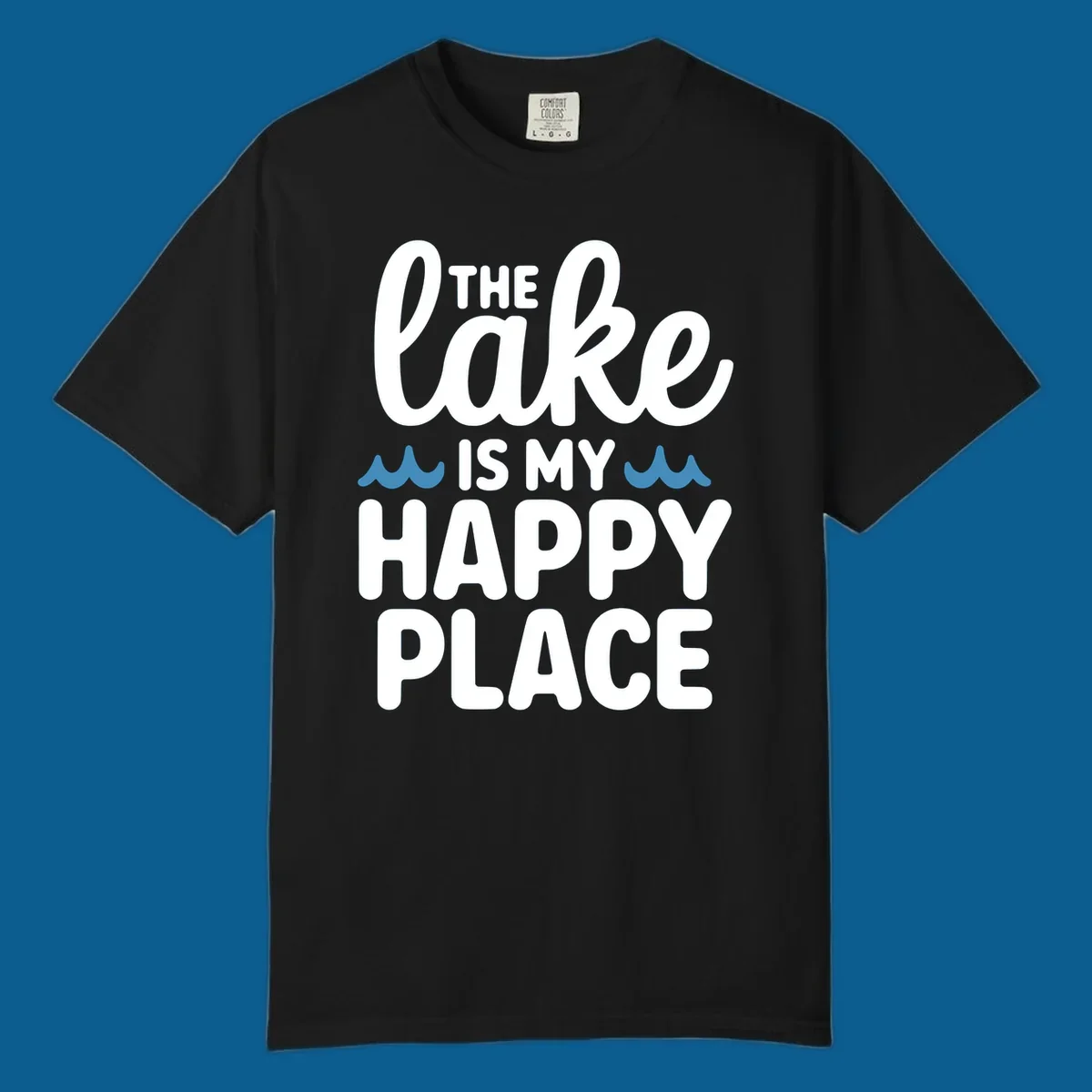 The lake is my happy place text and wave graphic