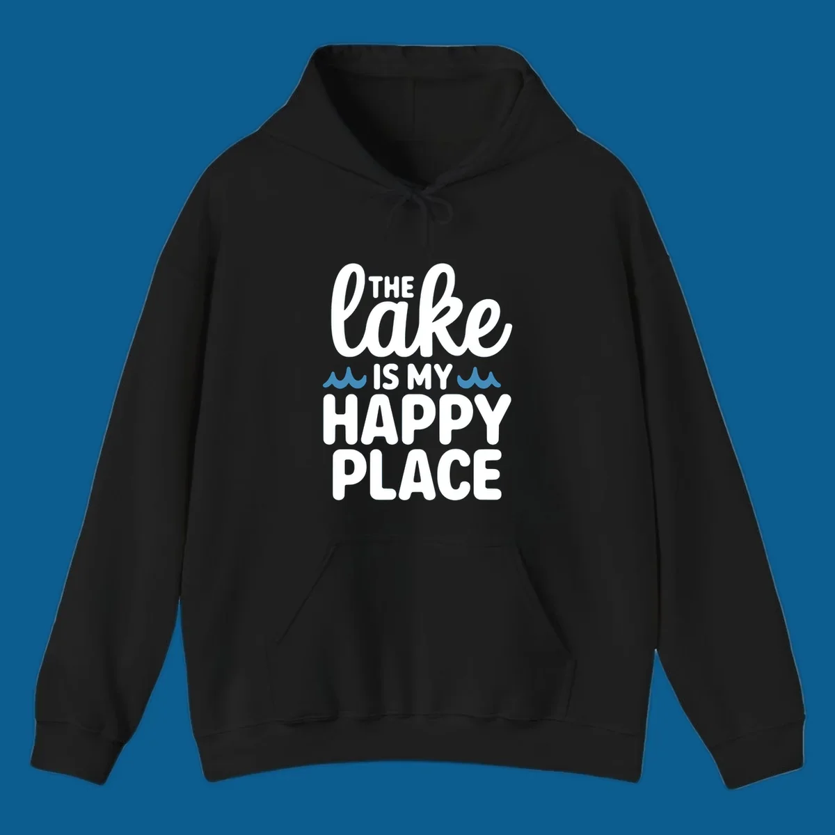 The lake is my happy place text and wave graphic