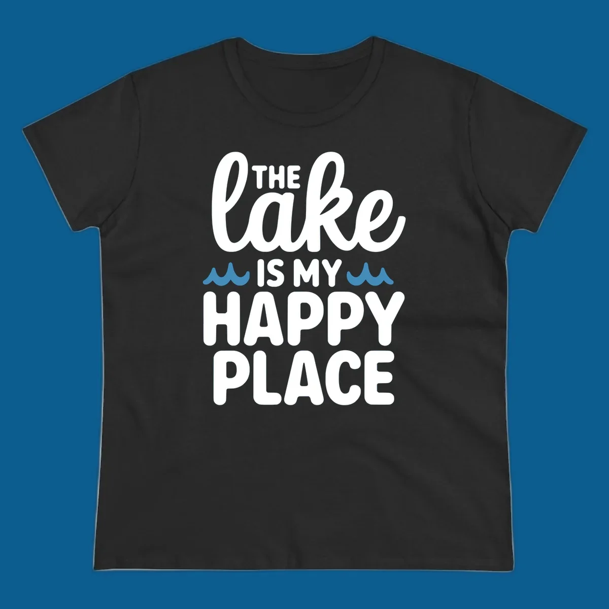 The lake is my happy place text and wave graphic