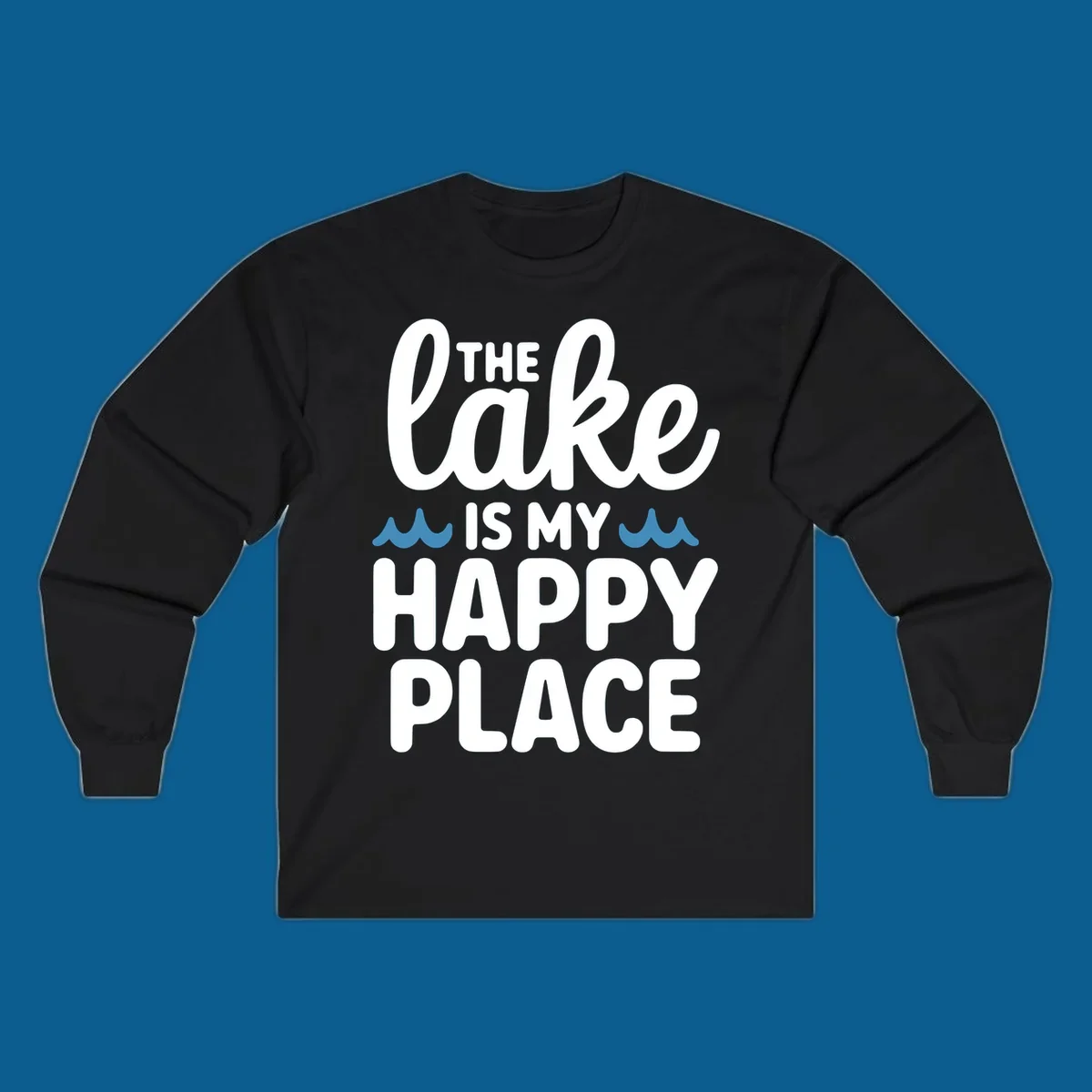 The lake is my happy place text and wave graphic