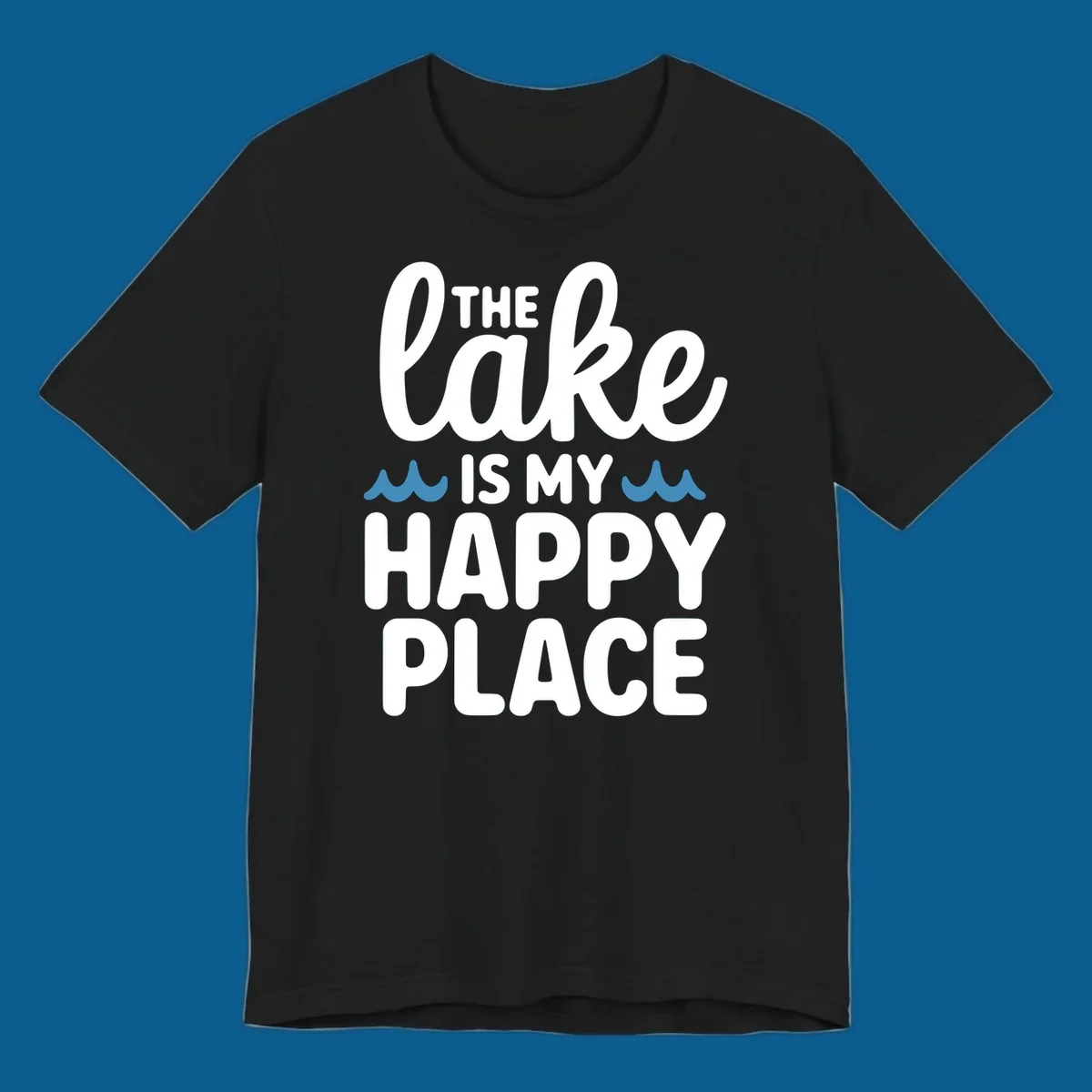 The lake is my happy place text and wave graphic