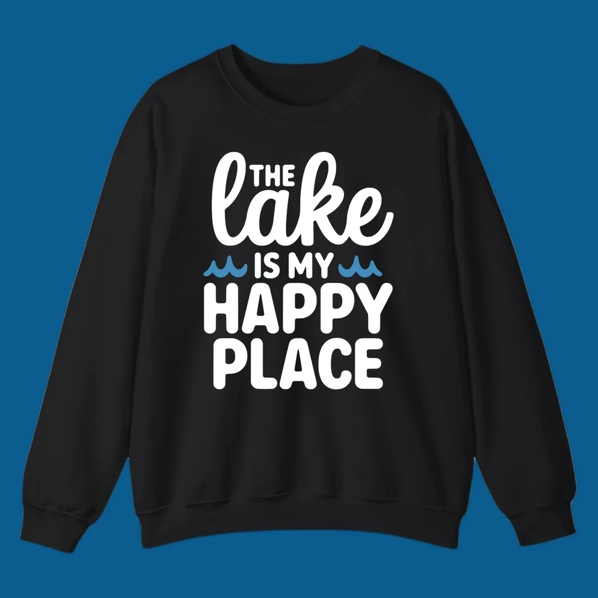 The lake is my happy place text and wave graphic