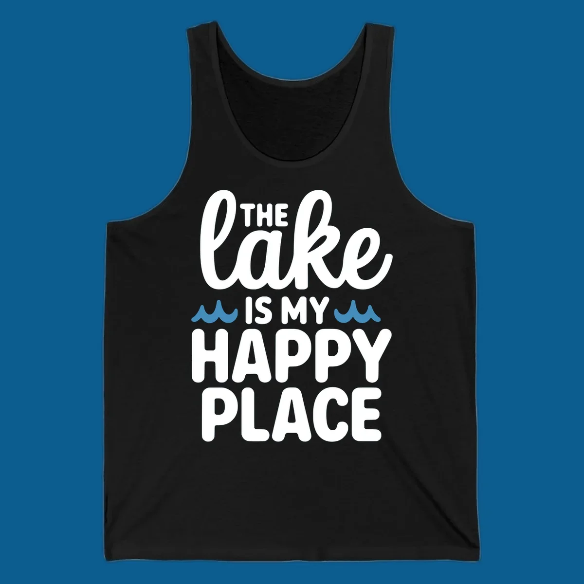 The lake is my happy place text and wave graphic