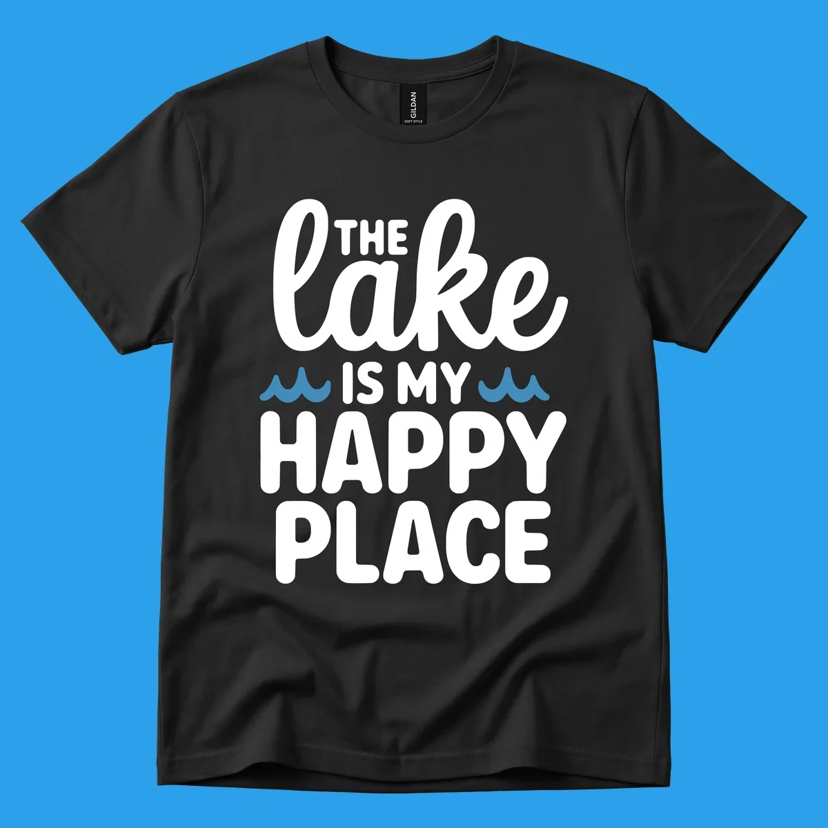 The lake is my happy place text and wave graphic