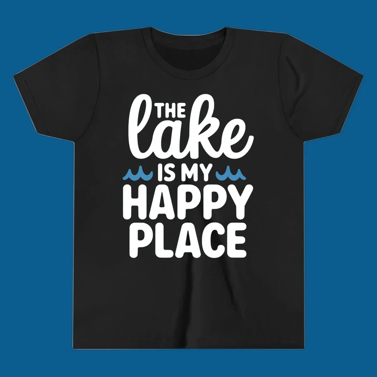 The lake is my happy place text and wave graphic