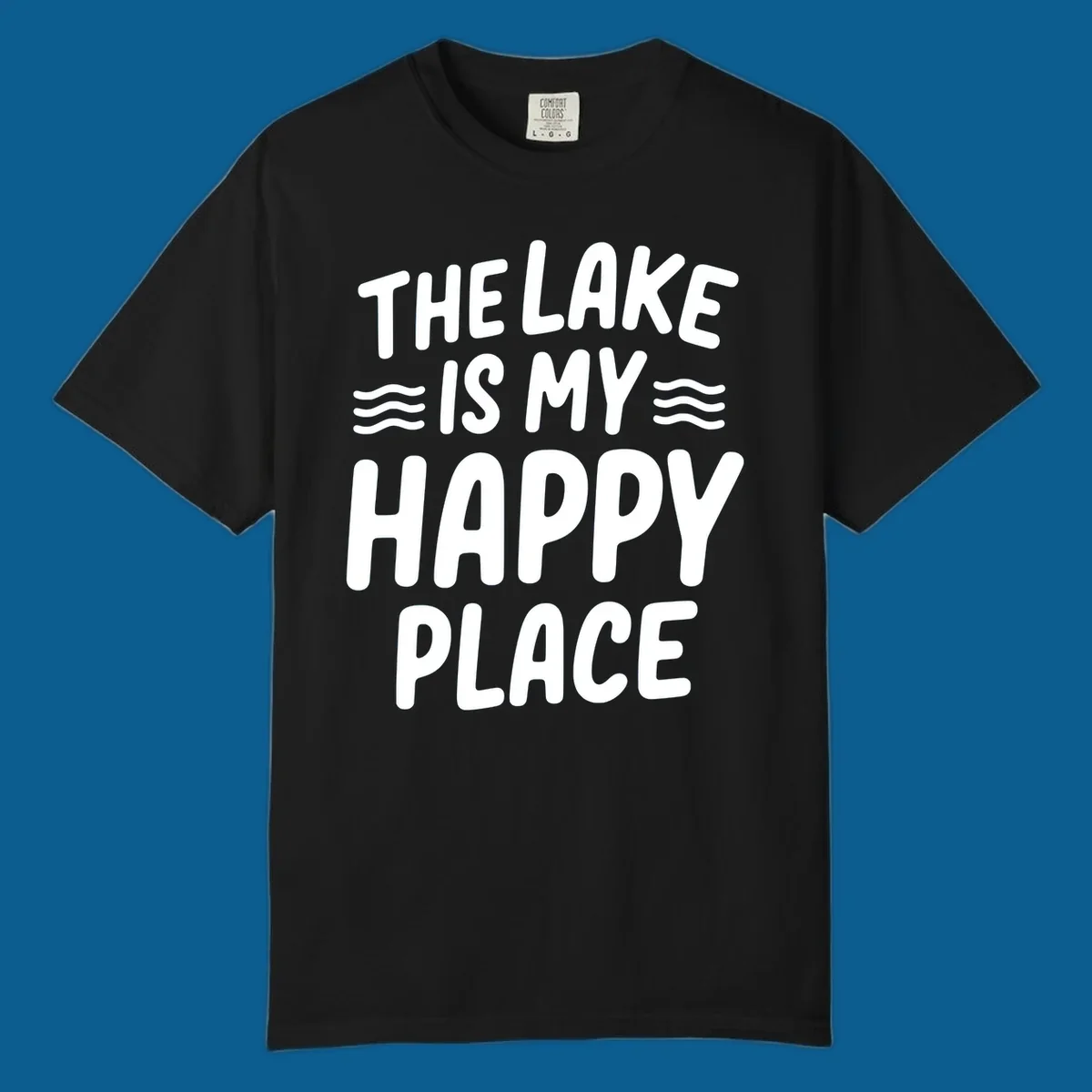 The lake is my happy place typography design with wavy lines.