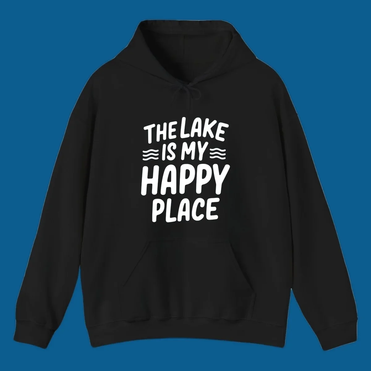 The lake is my happy place typography design with wavy lines.