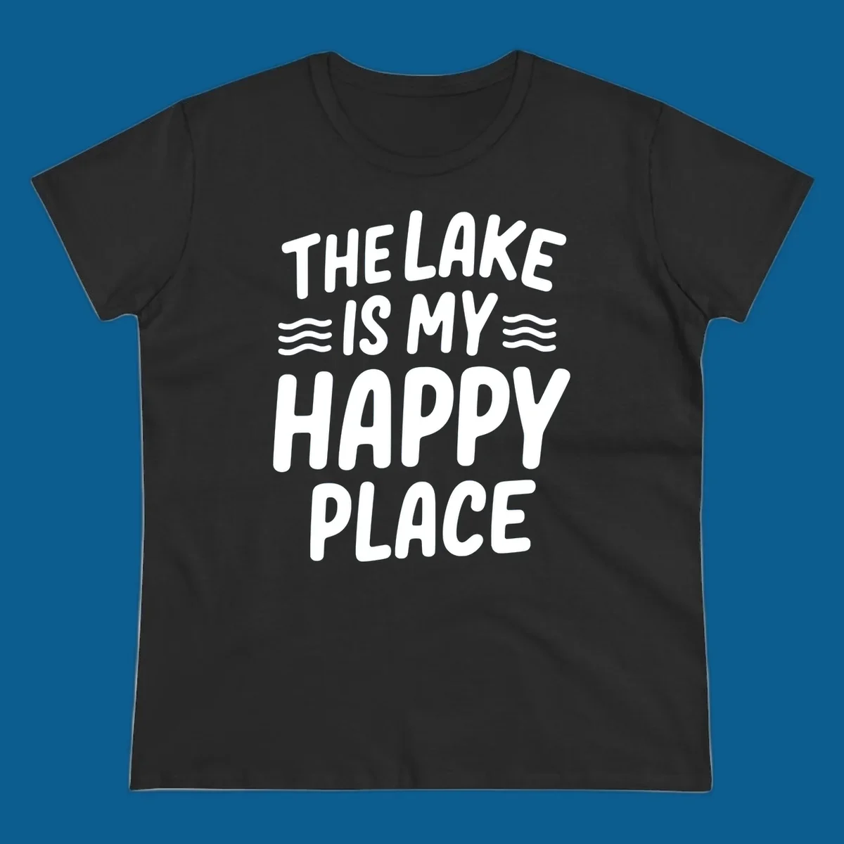 The lake is my happy place typography design with wavy lines.