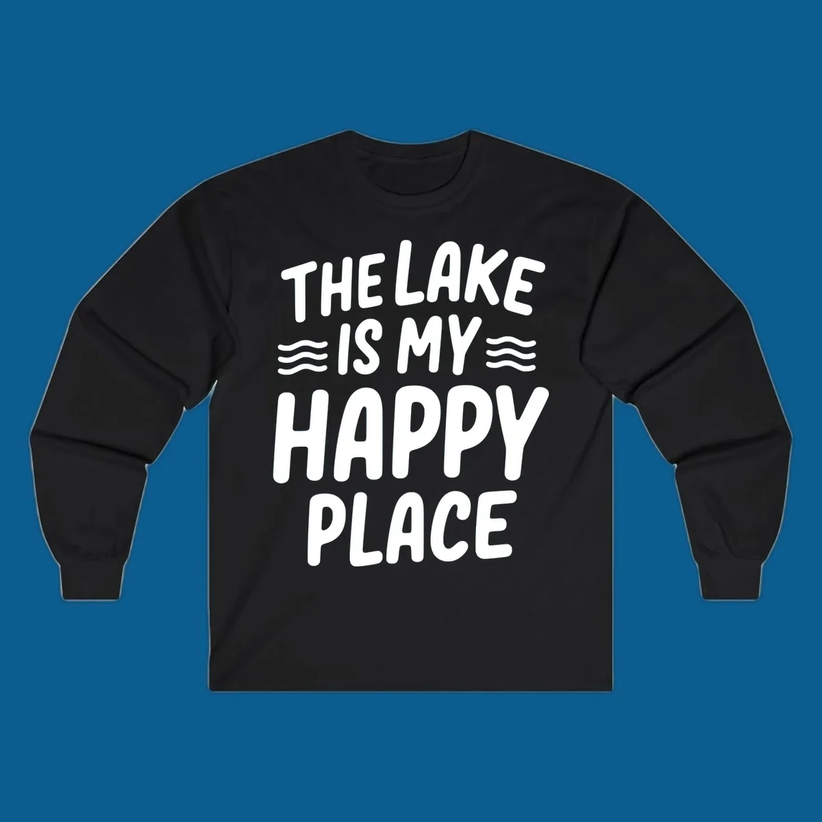 The lake is my happy place typography design with wavy lines.