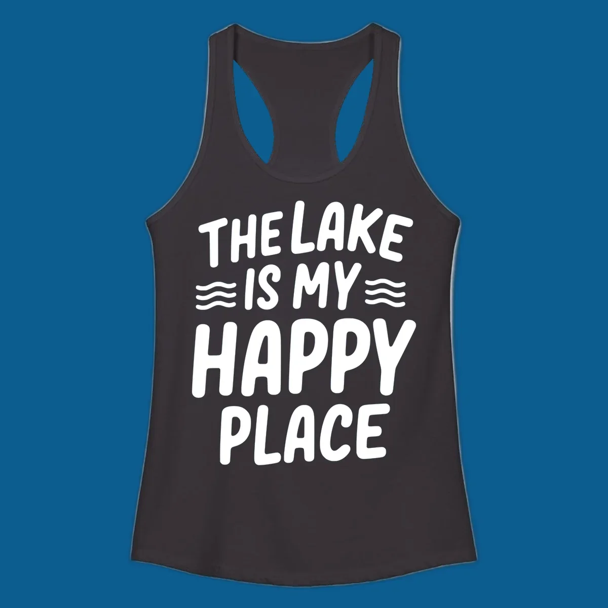 The lake is my happy place typography design with wavy lines.