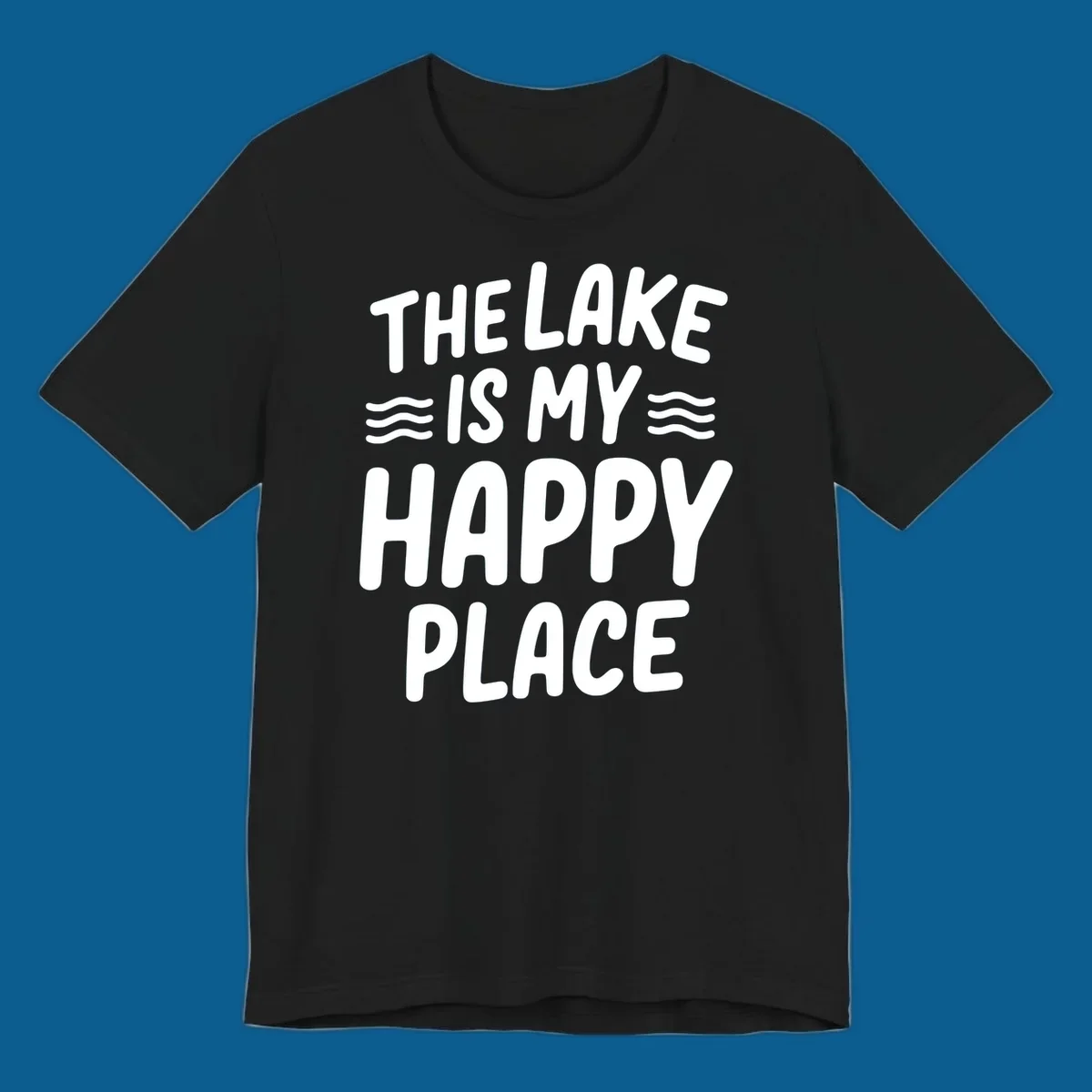 The lake is my happy place typography design with wavy lines.