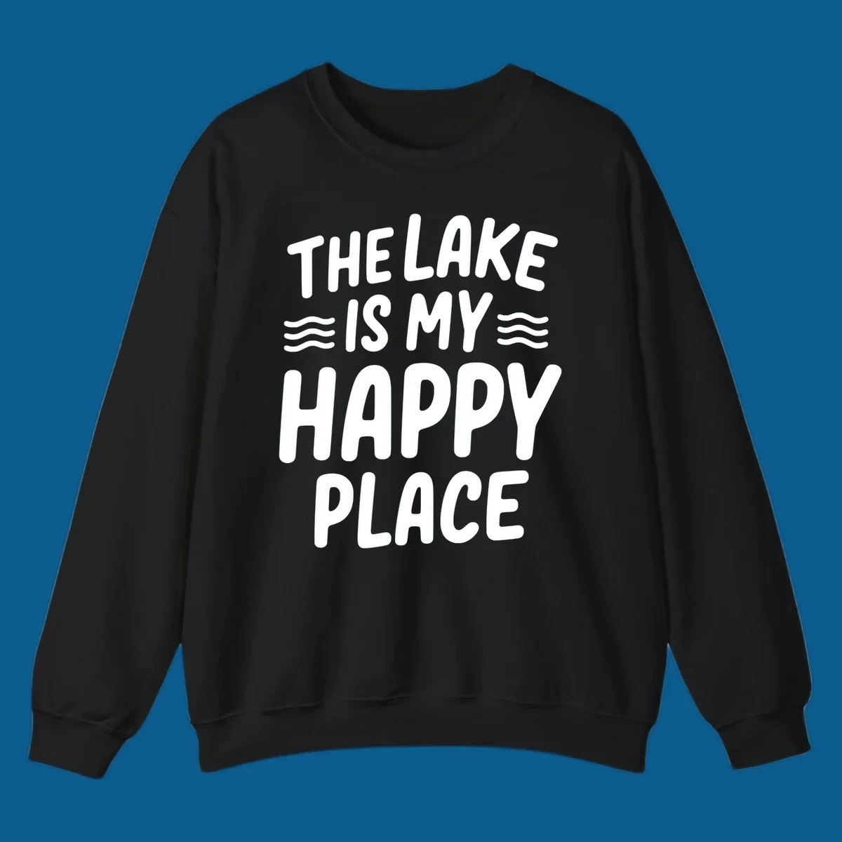 The lake is my happy place typography design with wavy lines.