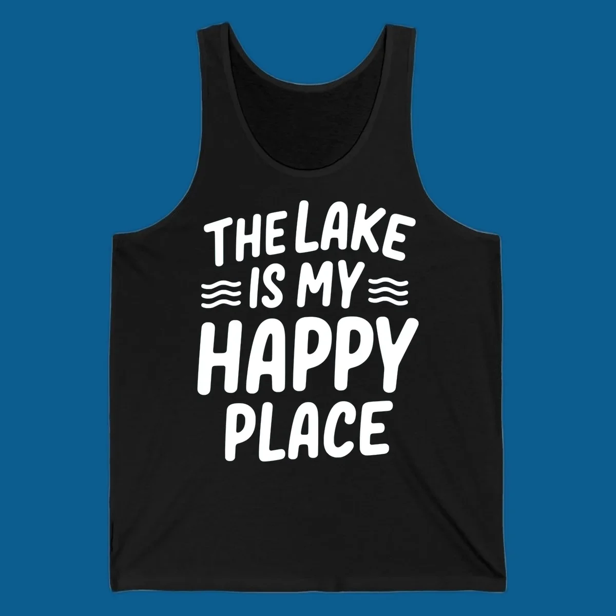 The lake is my happy place typography design with wavy lines.