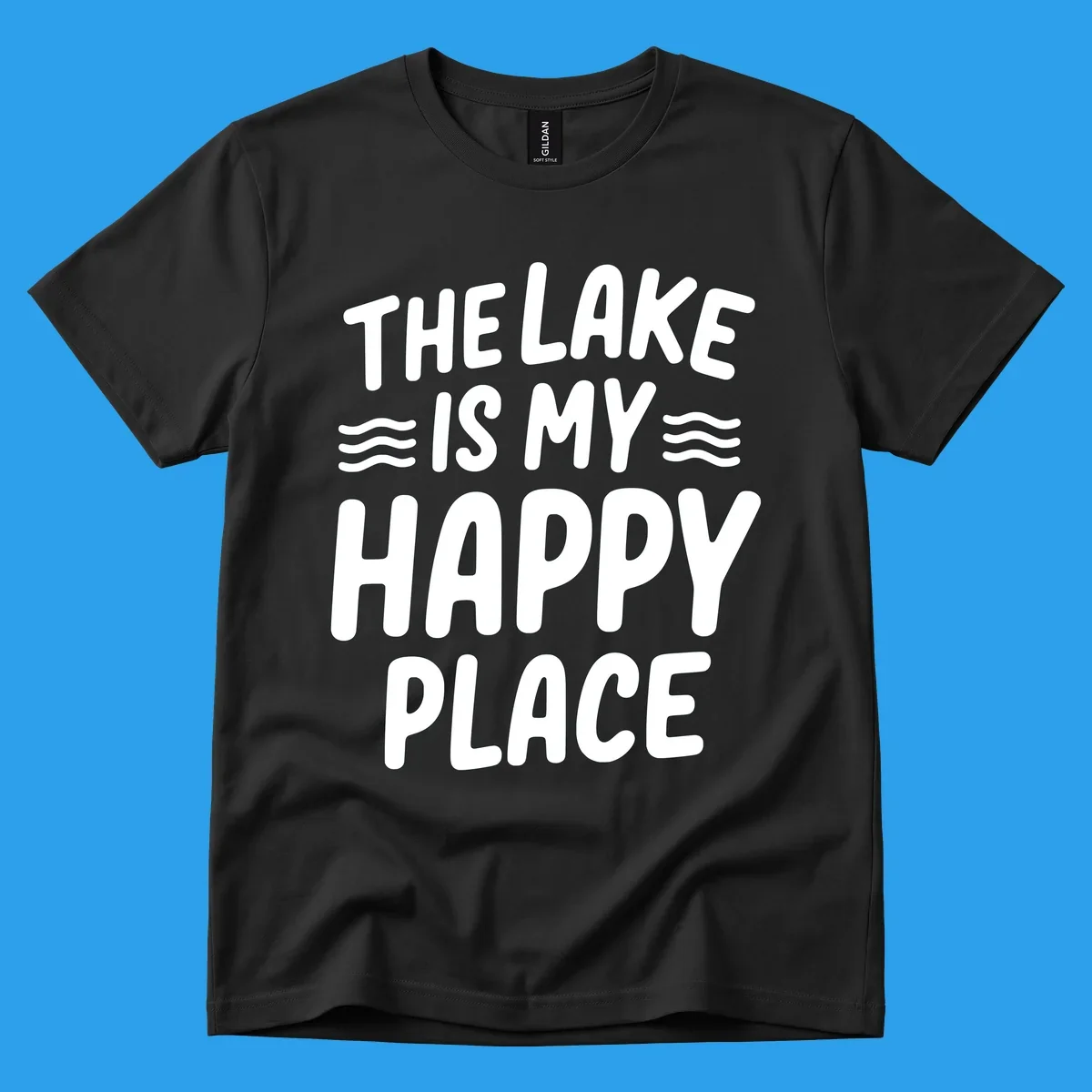 The lake is my happy place typography design with wavy lines.
