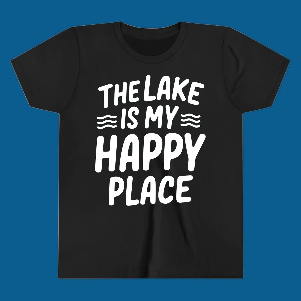 The lake is my happy place typography design with wavy lines.
