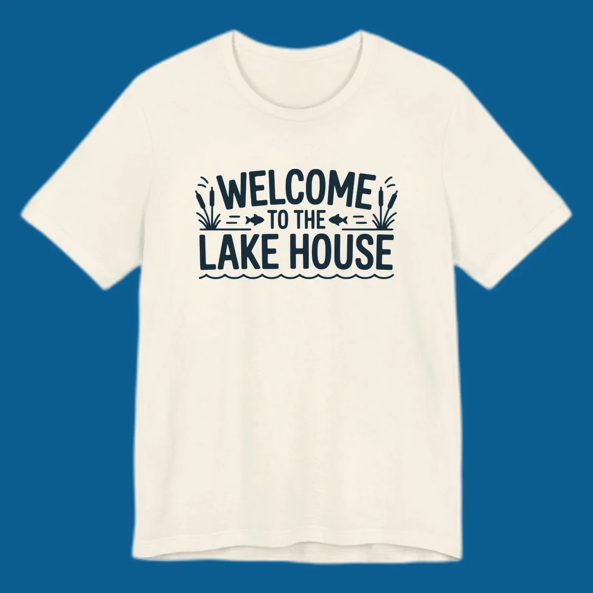 Dark blue text 'WELCOME TO THE LAKE HOUSE' with fish and reeds, for lake house welcome.