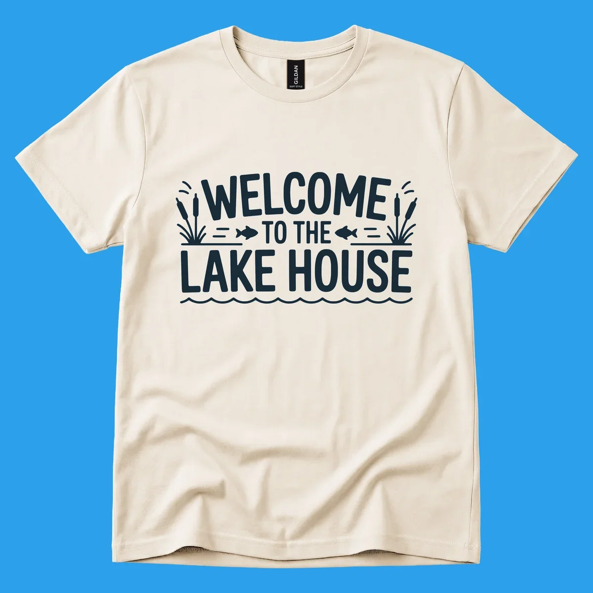 Dark blue text 'WELCOME TO THE LAKE HOUSE' with fish and reeds, for lake house welcome.