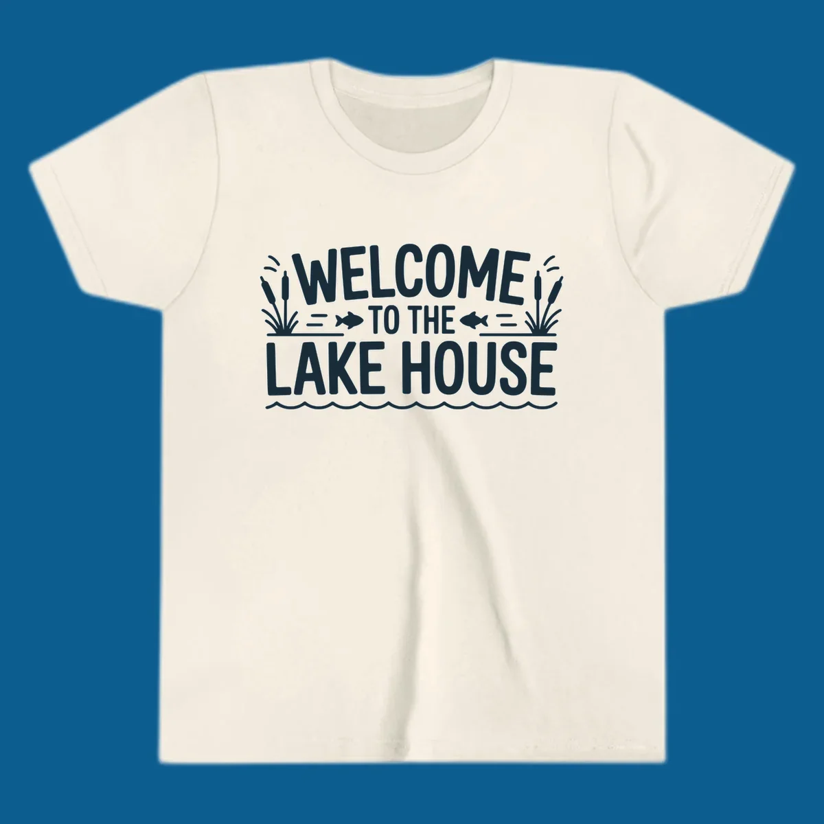 Dark blue text 'WELCOME TO THE LAKE HOUSE' with fish and reeds, for lake house welcome.