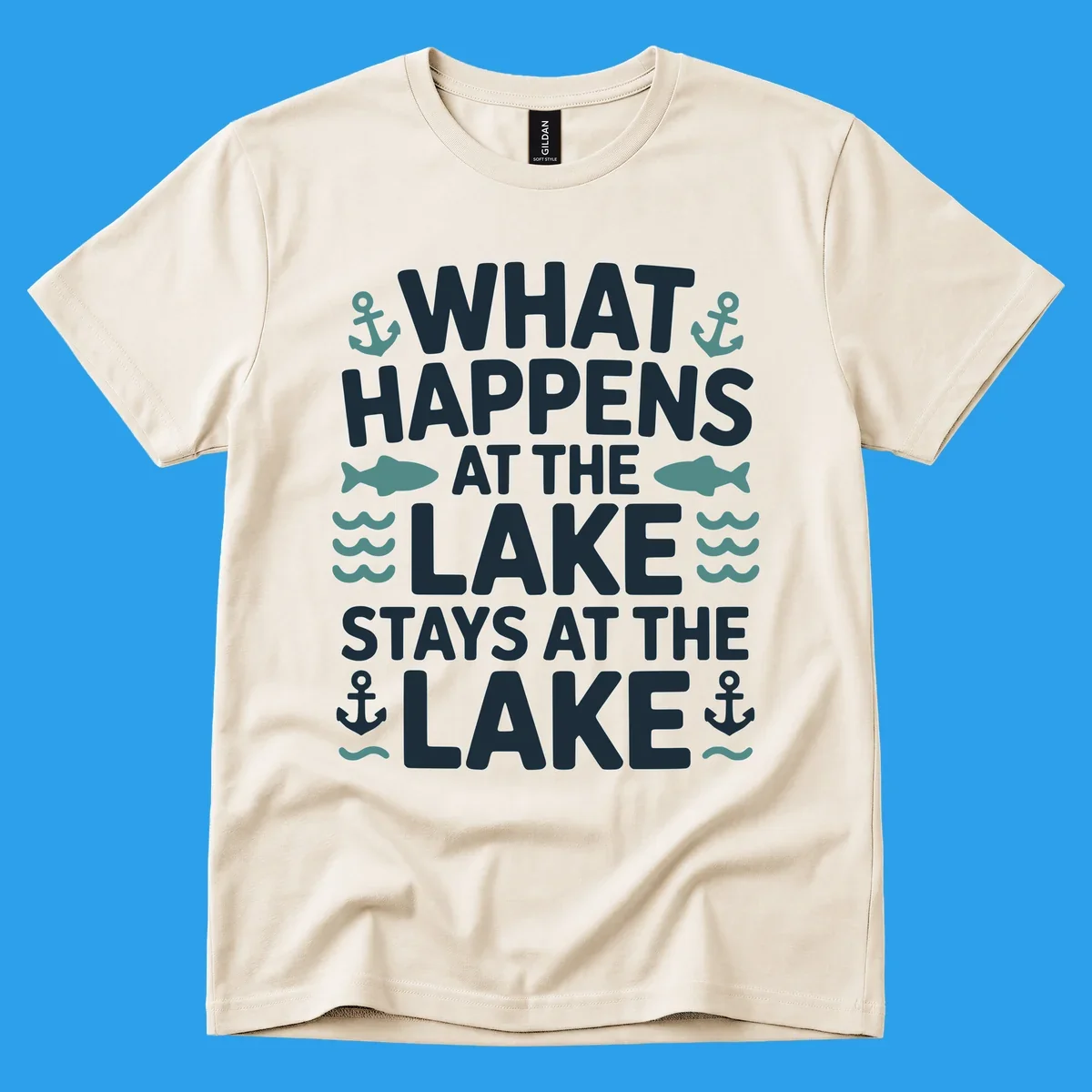 What happens at the lake stays at the lake quote with anchors, fish, and waves.